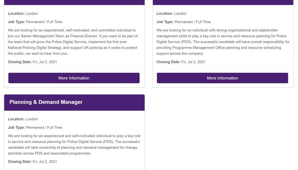 Screen shot of Website with basic details of roles available