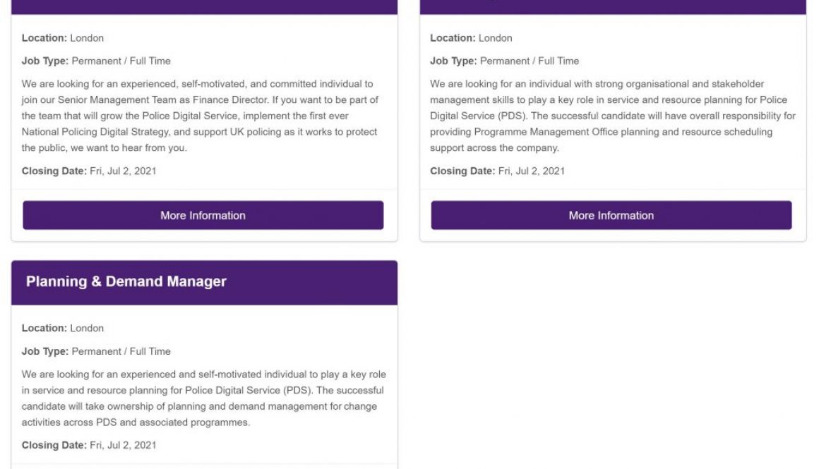 Screen shot of Website with basic details of roles available