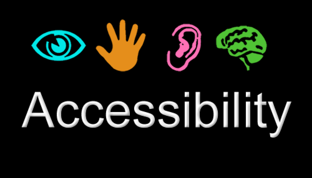 Icons of a blue eye, orange hand, pink ear and green brain sit on a black background with the word "accessibility" in white text below
