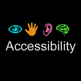 Icons of a blue eye, orange hand, pink ear and green brain sit on a black background with the word "accessibility" in white text below
