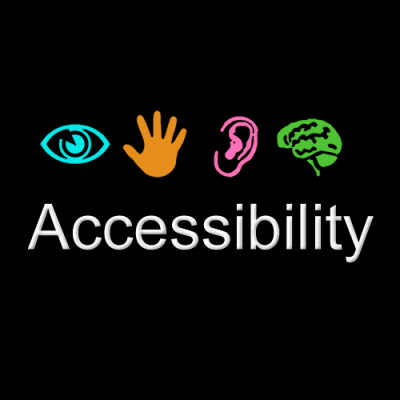 Icons of a blue eye, orange hand, pink ear and green brain sit on a black background with the word "accessibility" in white text below 