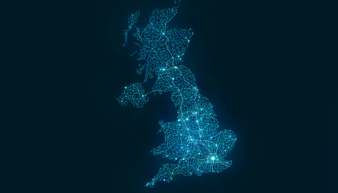 A blue map of the UK with bright lights connecting the locations of police forces in England, Wales, Scotland and Northern Ireland