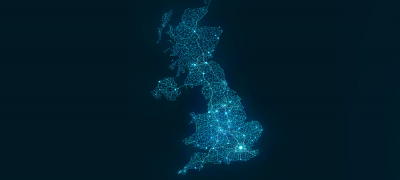 A blue map of the UK with bright lights connecting the locations of police forces in England, Wales, Scotland and Northern Ireland 