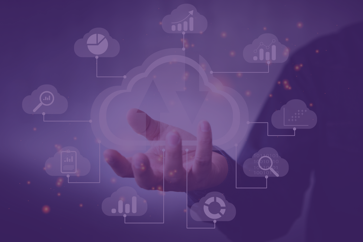 An outline of a cloud hovers above a hand. Lines branch off of it showing icons to demonstrate cloud services