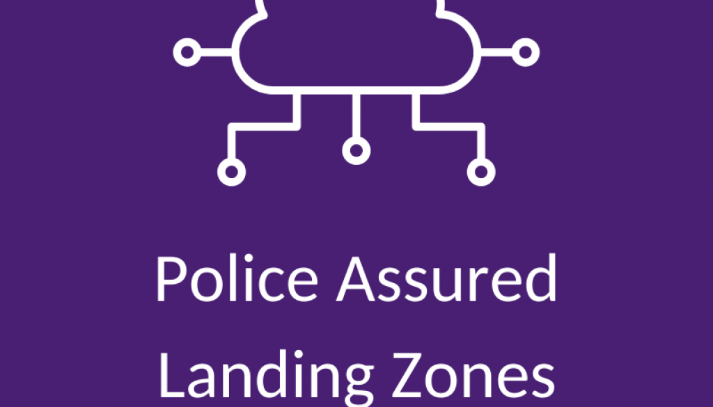 A white cloud with data connections coming off it sits above text which reads "Police Assured Landing Zones (PALZ)". The background colour is purple.