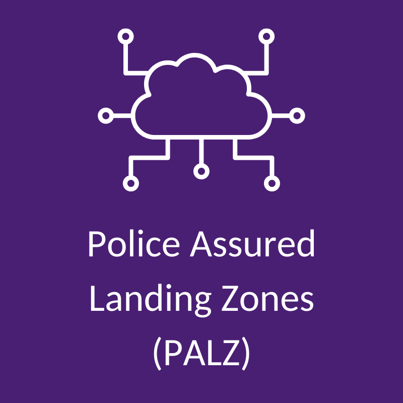 A white cloud with data connections coming off it sits above text which reads "Police Assured Landing Zones (PALZ)". The background colour is purple.