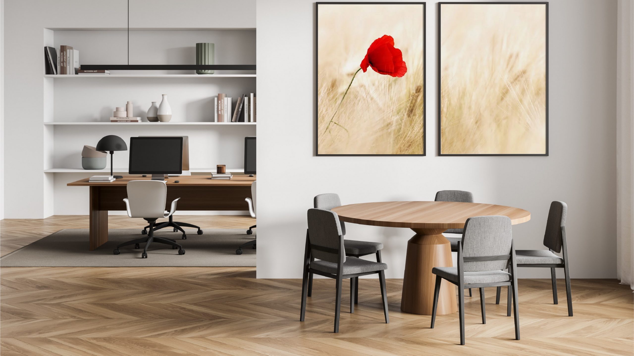 A living room with two paintings showing poppies on the wall above a dining table