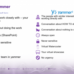 Slide from the presentation explaining the difference between Yammer and Teams