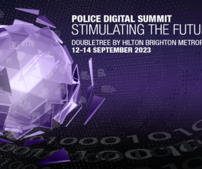 Police Digital Summit banner including the PDS and NPTC logo. Purple coloured block with a digital orb in the main body of the image