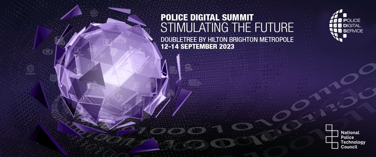 Police Digital Summit banner including the PDS and NPTC logo. Purple coloured block with a digital orb in the main body of the image