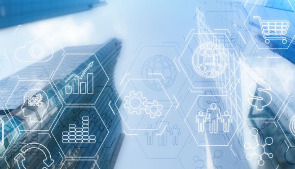 Skyscrapers seen from below with digital icons on top