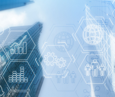 Skyscrapers seen from below with digital icons on top