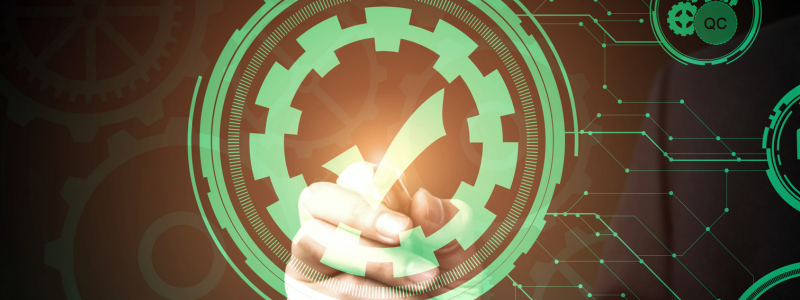 Finger pointing at a digital green tick