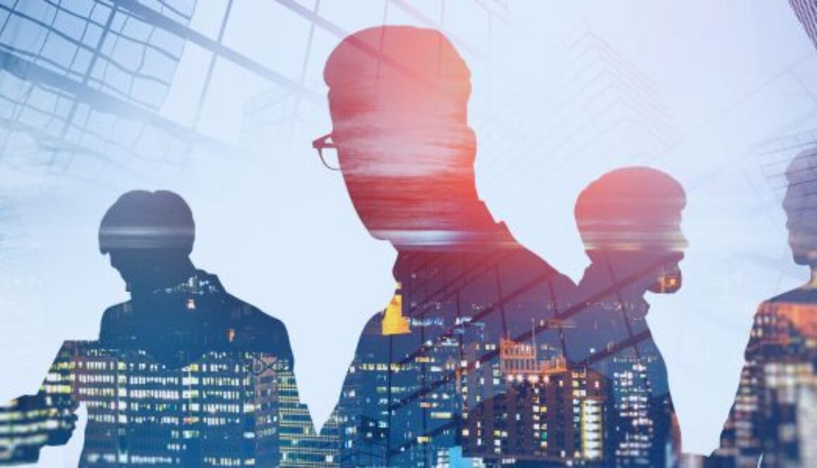 Image of profile of people on a digital skyline