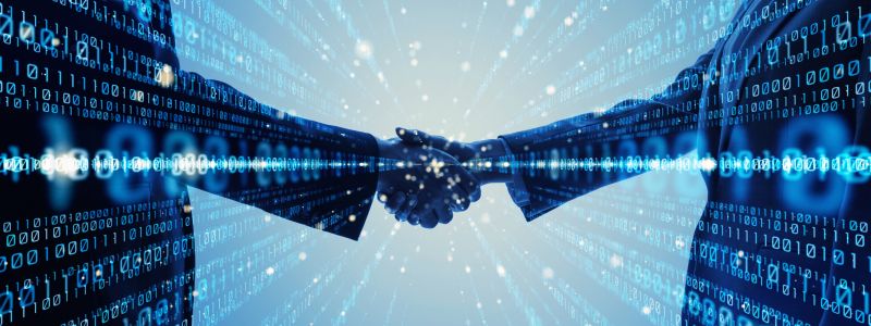 People shaking hands in a digital setting