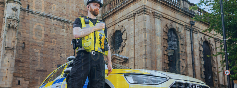 Officer standing in front of his car holding his radio