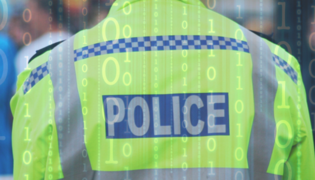 Police officer on his back with digital background