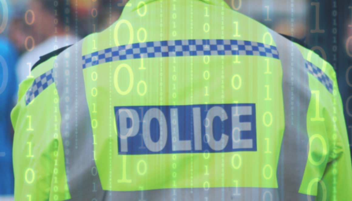 Police officer on his back with digital background