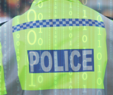 Police officer on his back with digital background