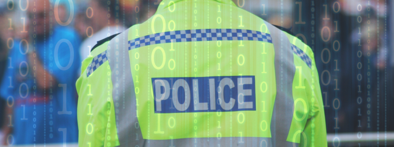 Police officer on his back with digital background