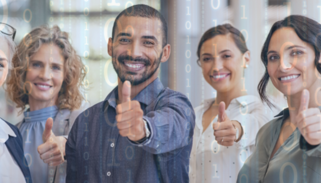 Line of people with their thumbs up, with digital code backdrop