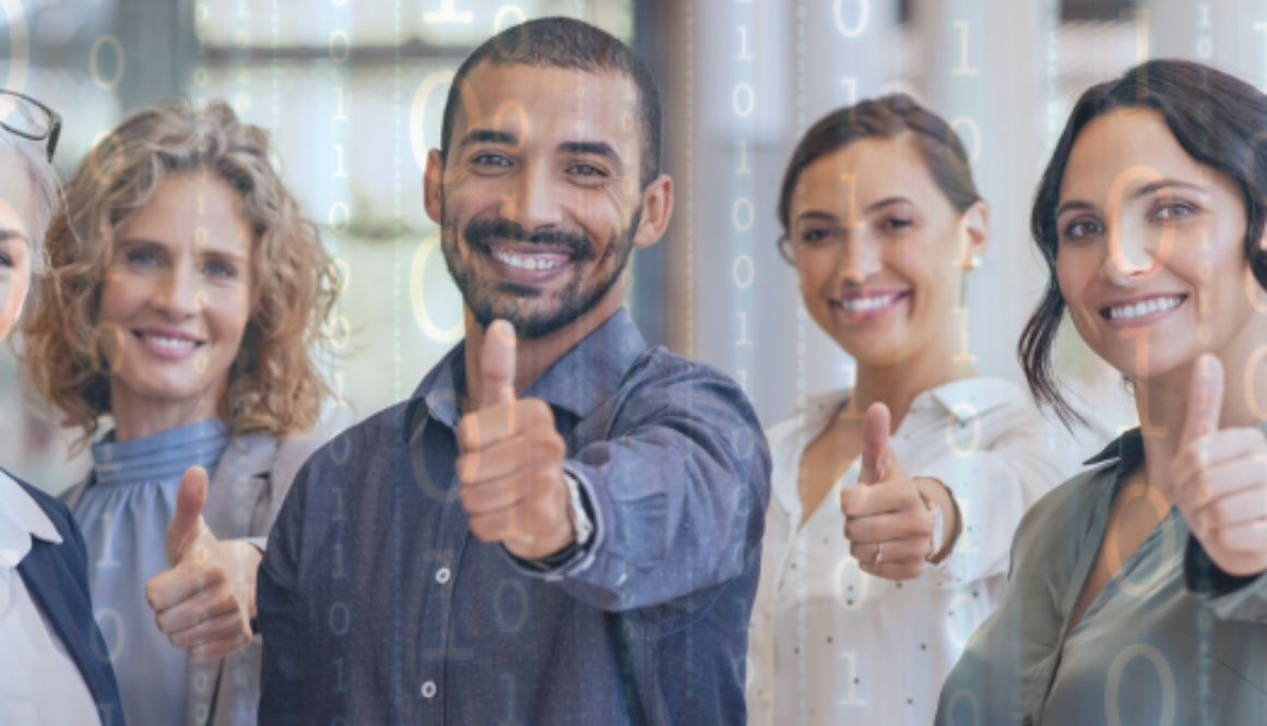 Line of people with their thumbs up, with digital code backdrop
