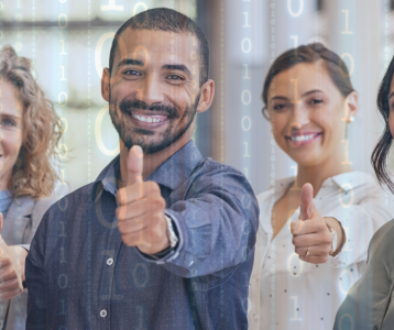 Line of people with their thumbs up, with digital code backdrop