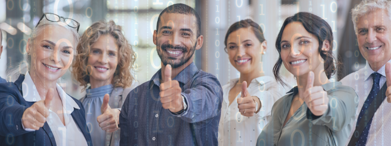 Line of people with their thumbs up, with digital code backdrop