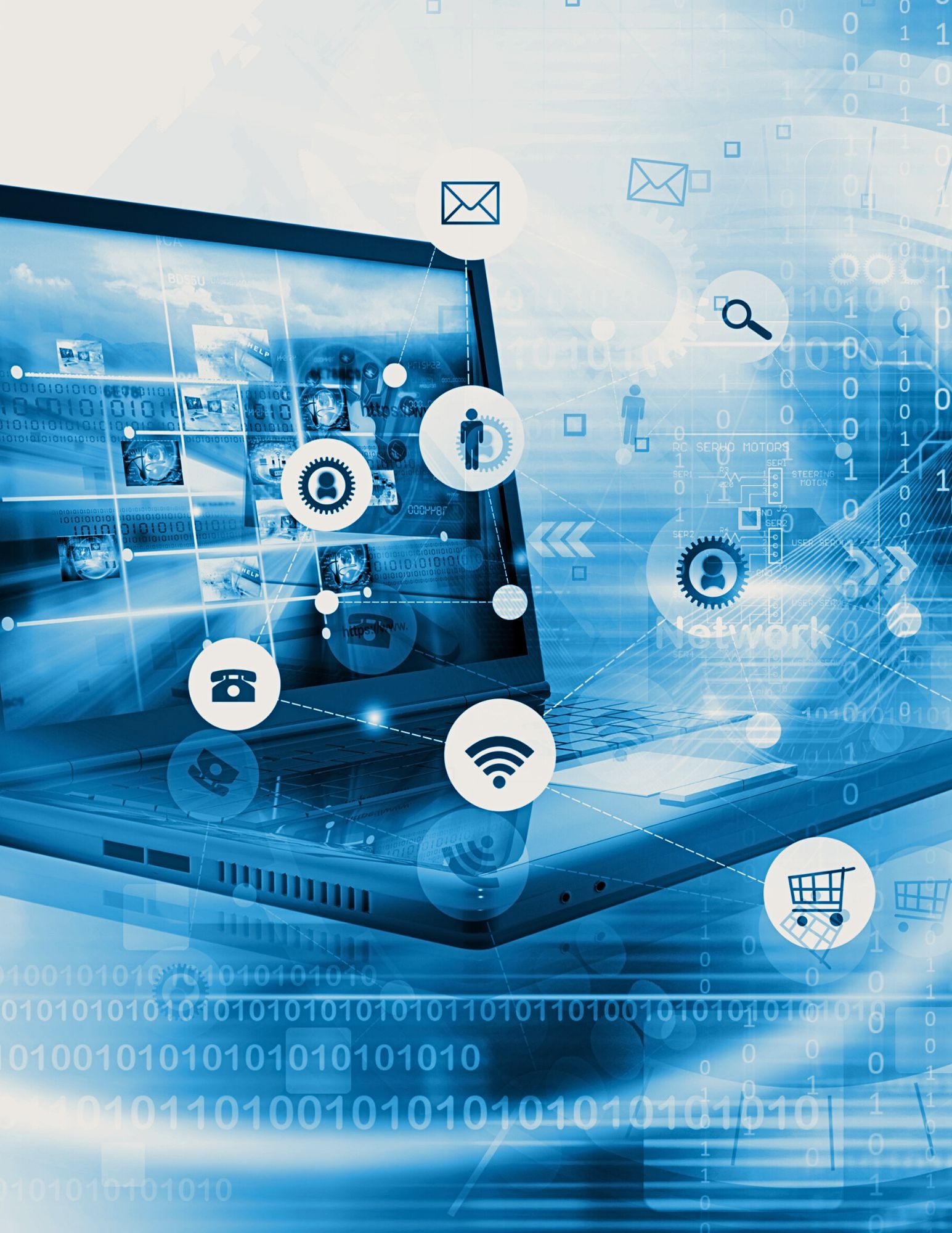 Open laptop with digital icons floating around it